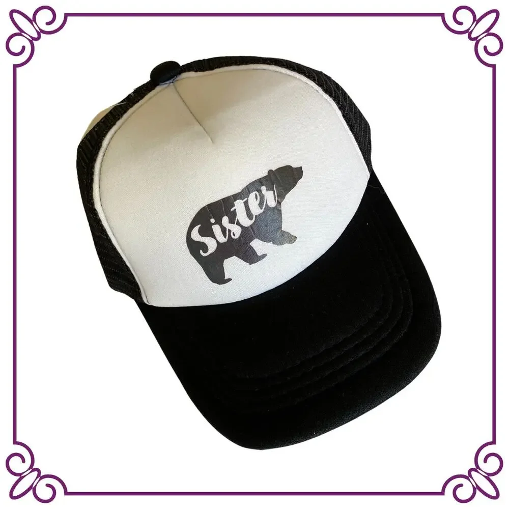One Baby Trucker Hat Black & White Sister Bear NEW